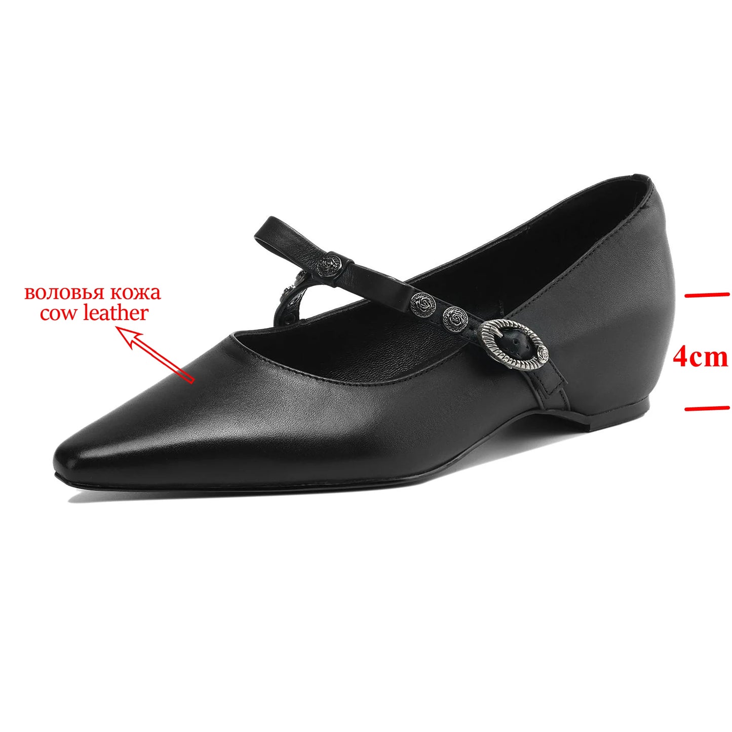 Ballerines en cuir noir avec talon de 4cm et bride décorative | SuzzaneMarket
