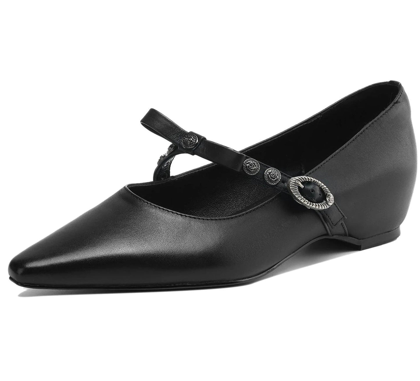 Ballerines Petit Talon DANCY en cuir noir avec bride boucle et talon recouvert invisible | SuzzaneMarket
