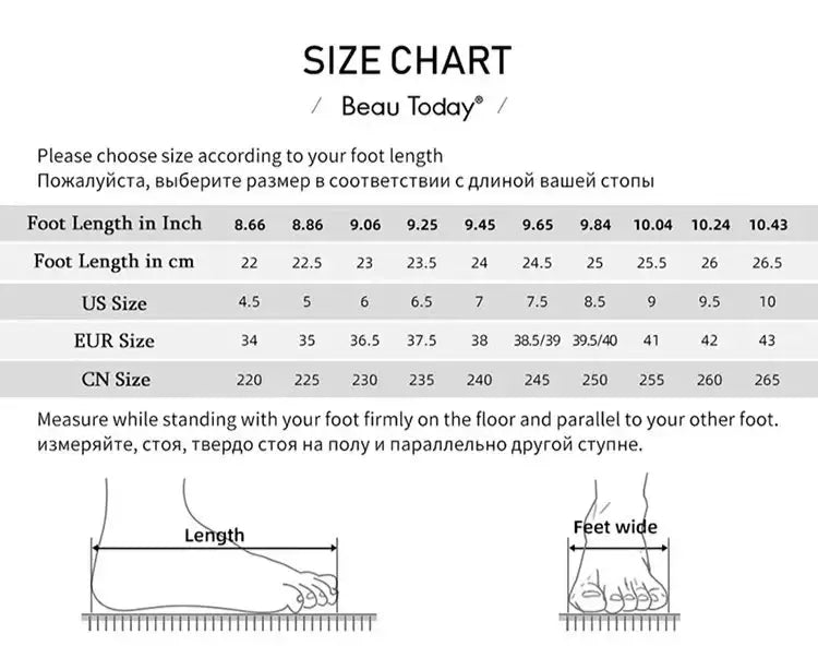 Size chart for Beau Today showing foot length in cm, inches, and corresponding US, EUR, and CN sizes | SuzzaneMarket