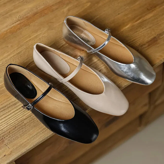 Mary Janes Cuir Lisse ballerines plates en noir, beige et argent - bride à boucle|SuzzaneMarket