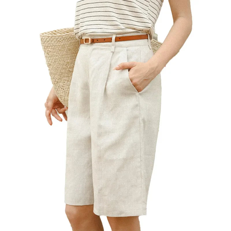 Bermuda en lin TUTIS, coupe droite, taille haute, poches latérales, style décontracté | SuzzaneMarket