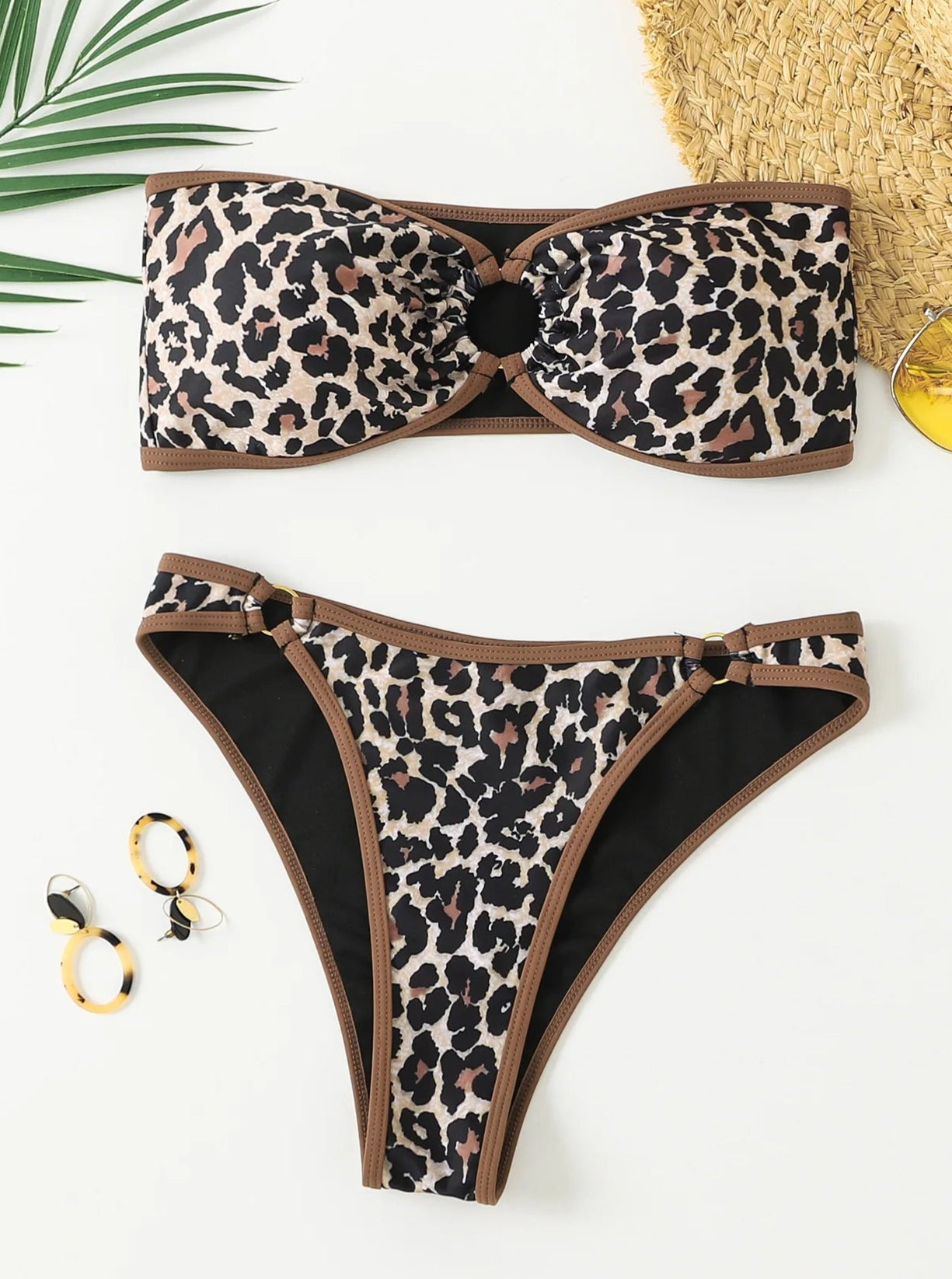 Bikini Bandeau Coques CELIA, chic leopard print bikini with scalloped edges and Brazilian Tanga bottom |SuzzaneMarket