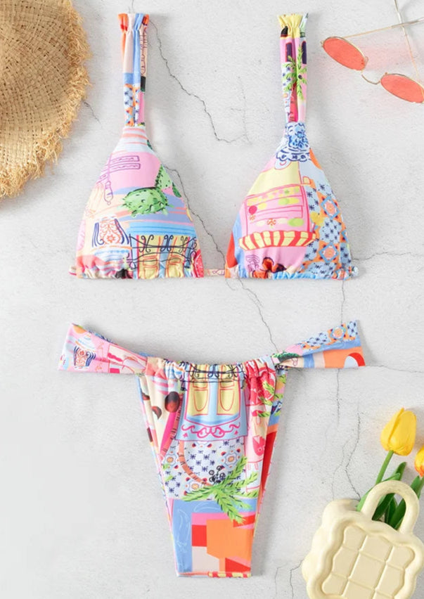 Mini Brésilien Tanga bikini set with colorful floral prints, adjustable triangle top and cheeky bottom |SuzzaneMarket