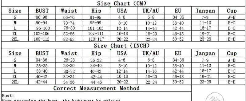 Size chart for women's clothing, showing measurements in cm and inches for bust, waist, and hip sizes |SuzzaneMarket