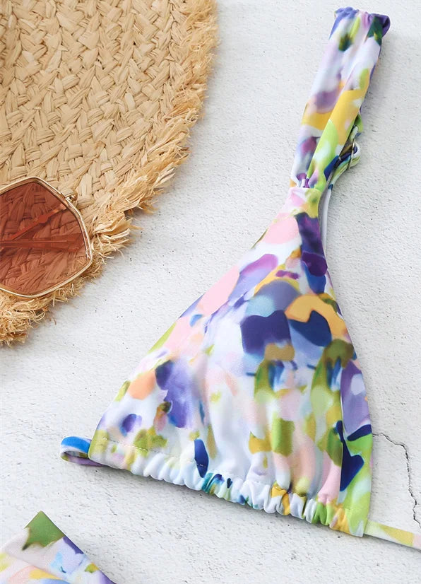 Mini Brésilien Tanga top with colorful floral print, adjustable straps, perfect for summer beachwear |SuzzaneMarket