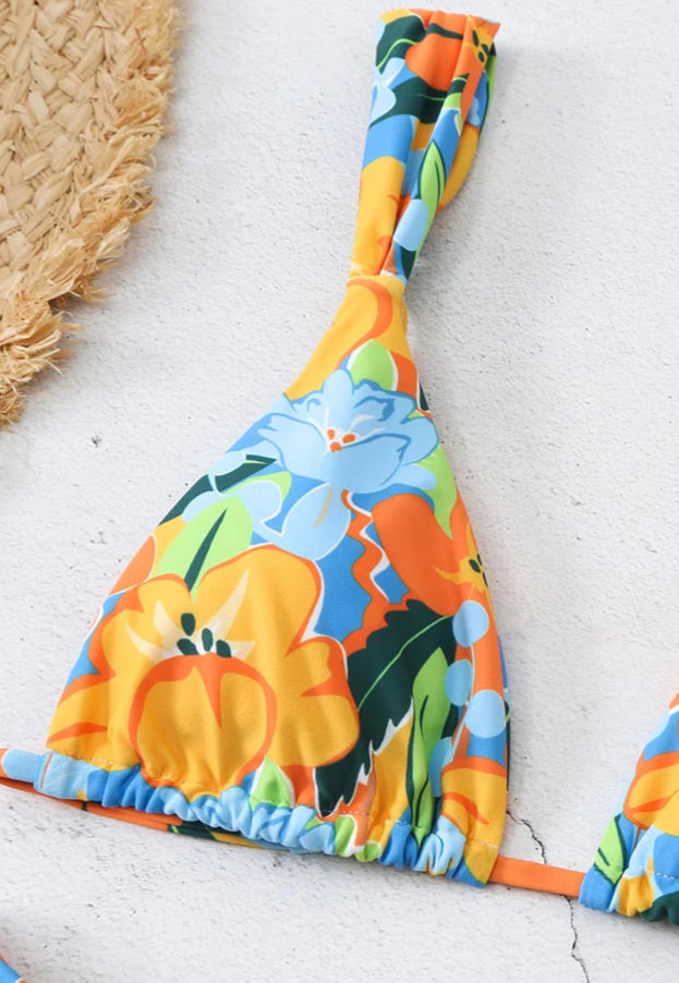 Colorful floral print triangle bikini top from the Mini Brésilien Tanga collection by NOWI | SuzzaneMarket