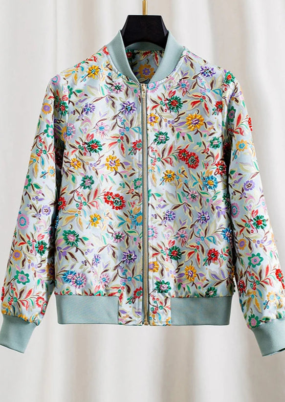 Colorful floral bomber jacket with zip closure and ribbed cuffs | SuzzaneMarket