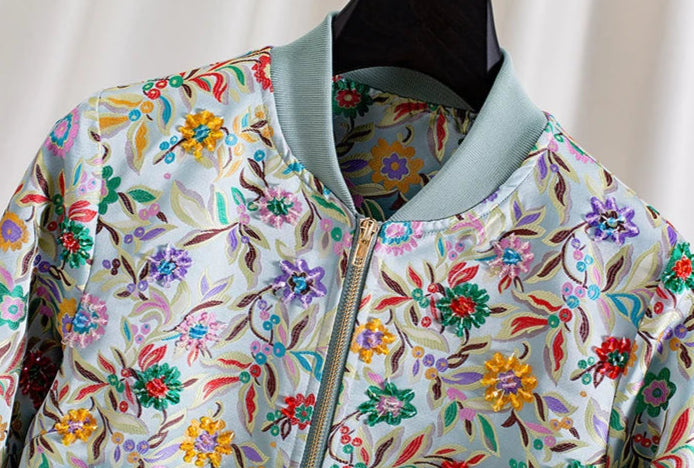 Bomber jacket close-up showcasing floral jacquard embroidery in pastel colors | SuzzaneMarket