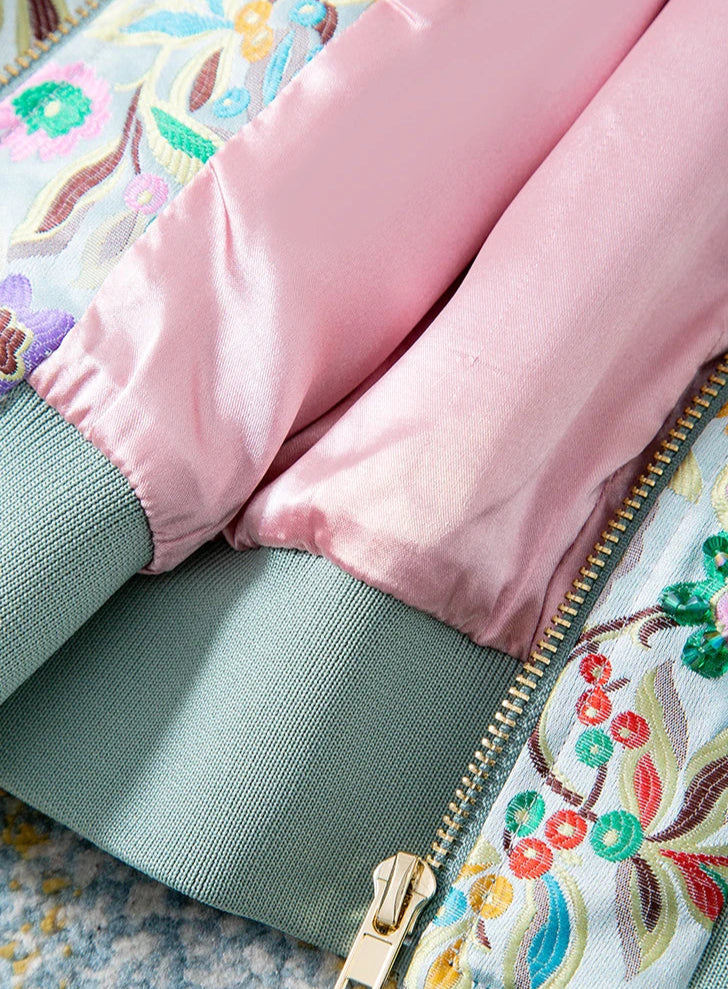 Close-up of the Bomber Jacquard Broderies featuring pink satin lining and intricate floral embroidery | SuzzaneMarket