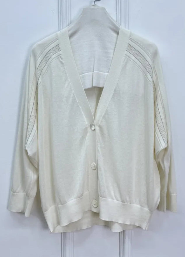 Cardigan en tricot soie et lin, col V, manches raglantes, couleur crème, taille régulière | SuzzaneMarket