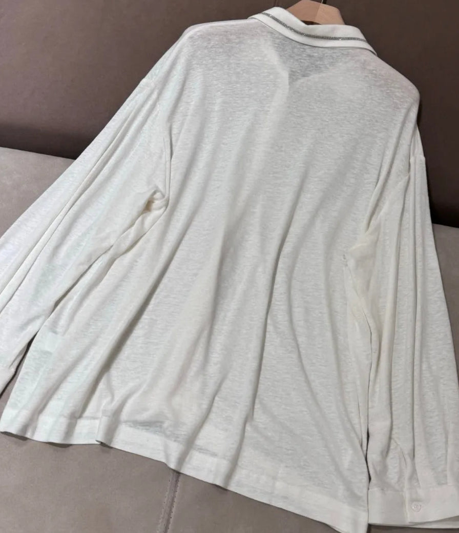 Chemise Jersey légère blanche à col, coupe ample et grande. Douce lin et rayonne, idéale pour l'été | SuzzaneMarket.