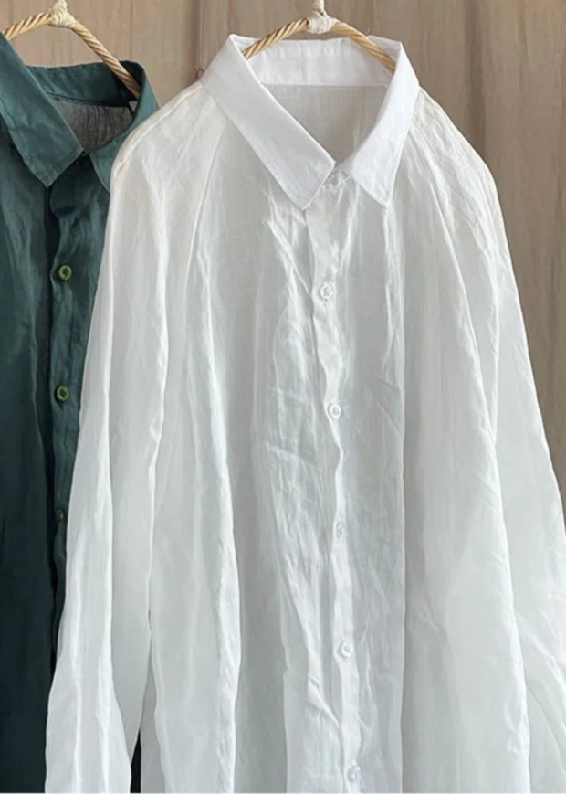 Chemise Légère Rami blanche et verte, classique, ample, 100% Rami, coupe raglan, aspect froissé | SuzzaneMarket