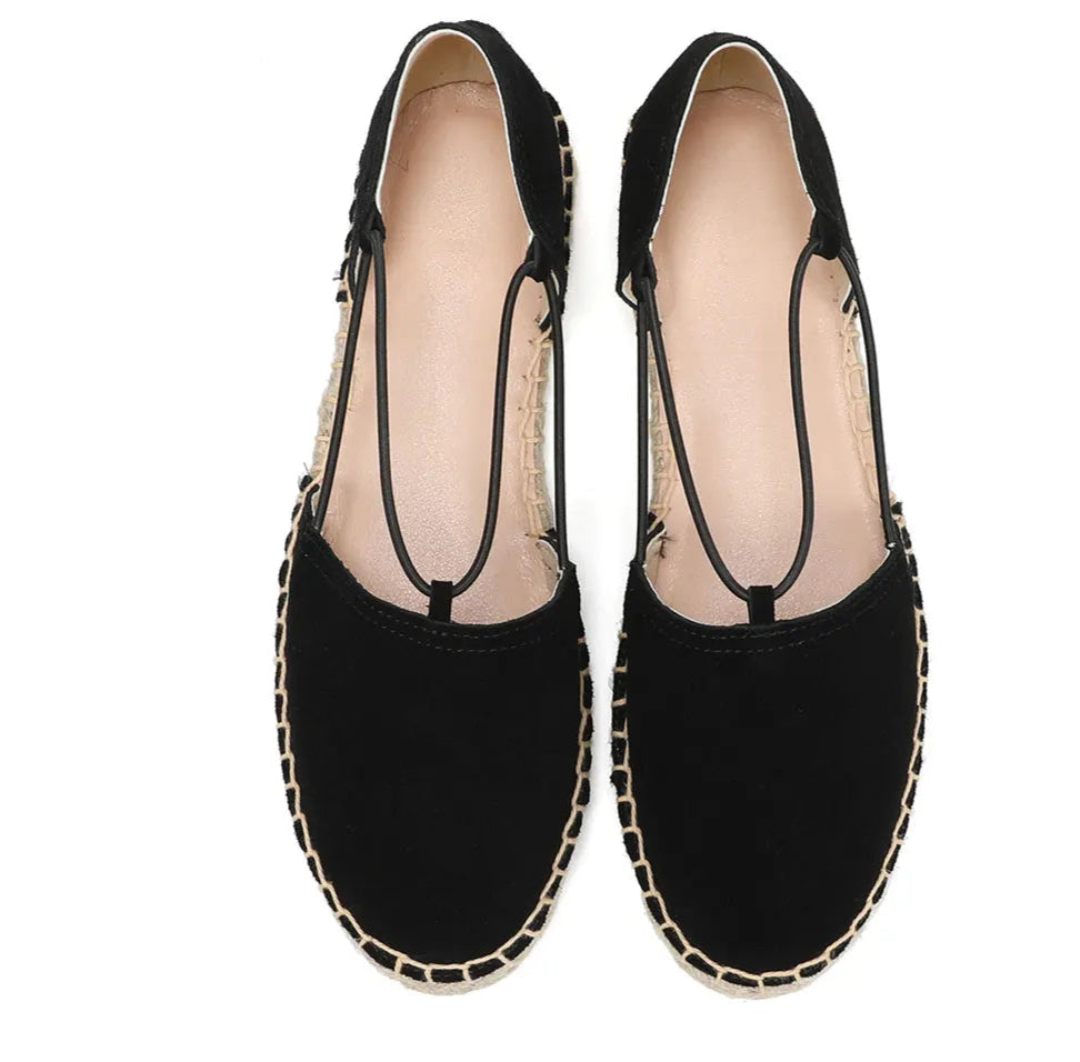 Espadrilles Brides FOLIA in black suede with elastic straps and braided jute sole | SuzzaneMarket