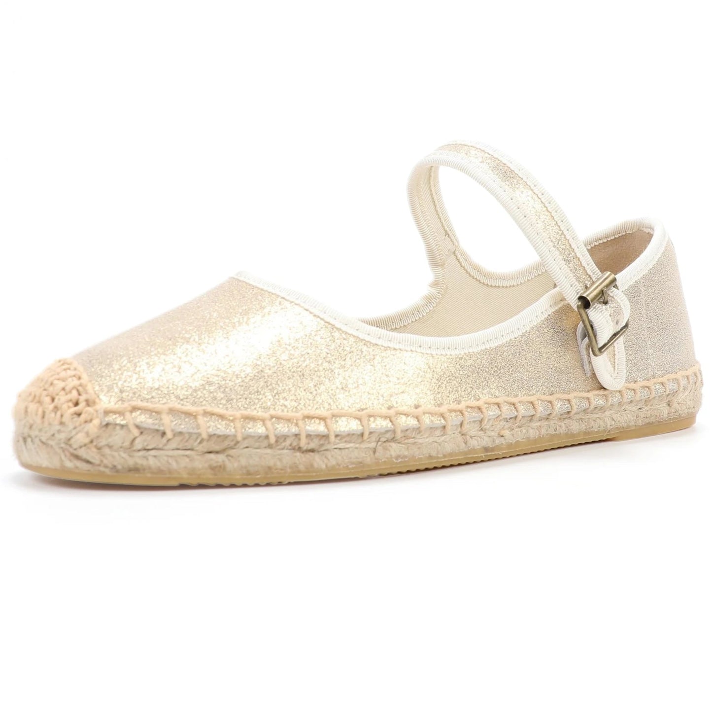 Espadrilles Mary Jane in gold with a woven sole and adjustable strap. Perfect for casual summer wear. |SuzzaneMarket