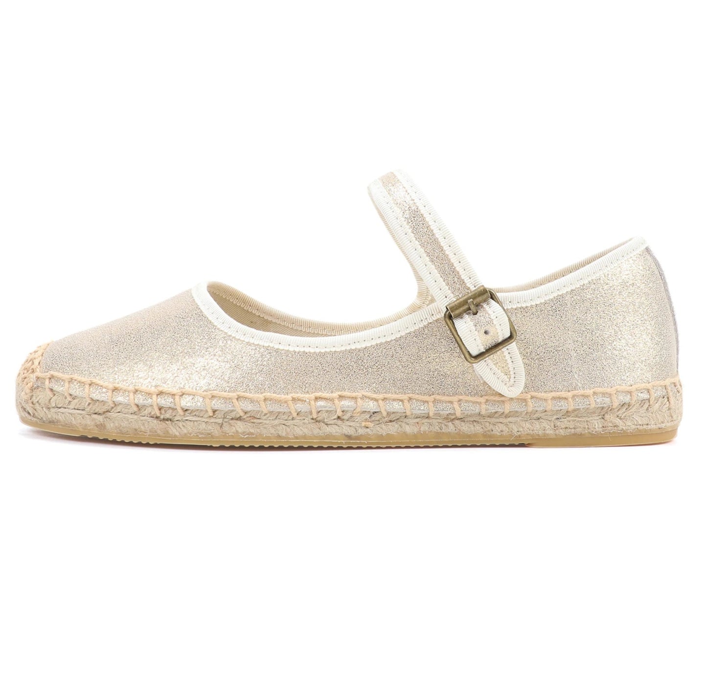 Espadrilles Mary Jane in gold canvas with strap and braided jute sole, perfect for summer | SuzzaneMarket