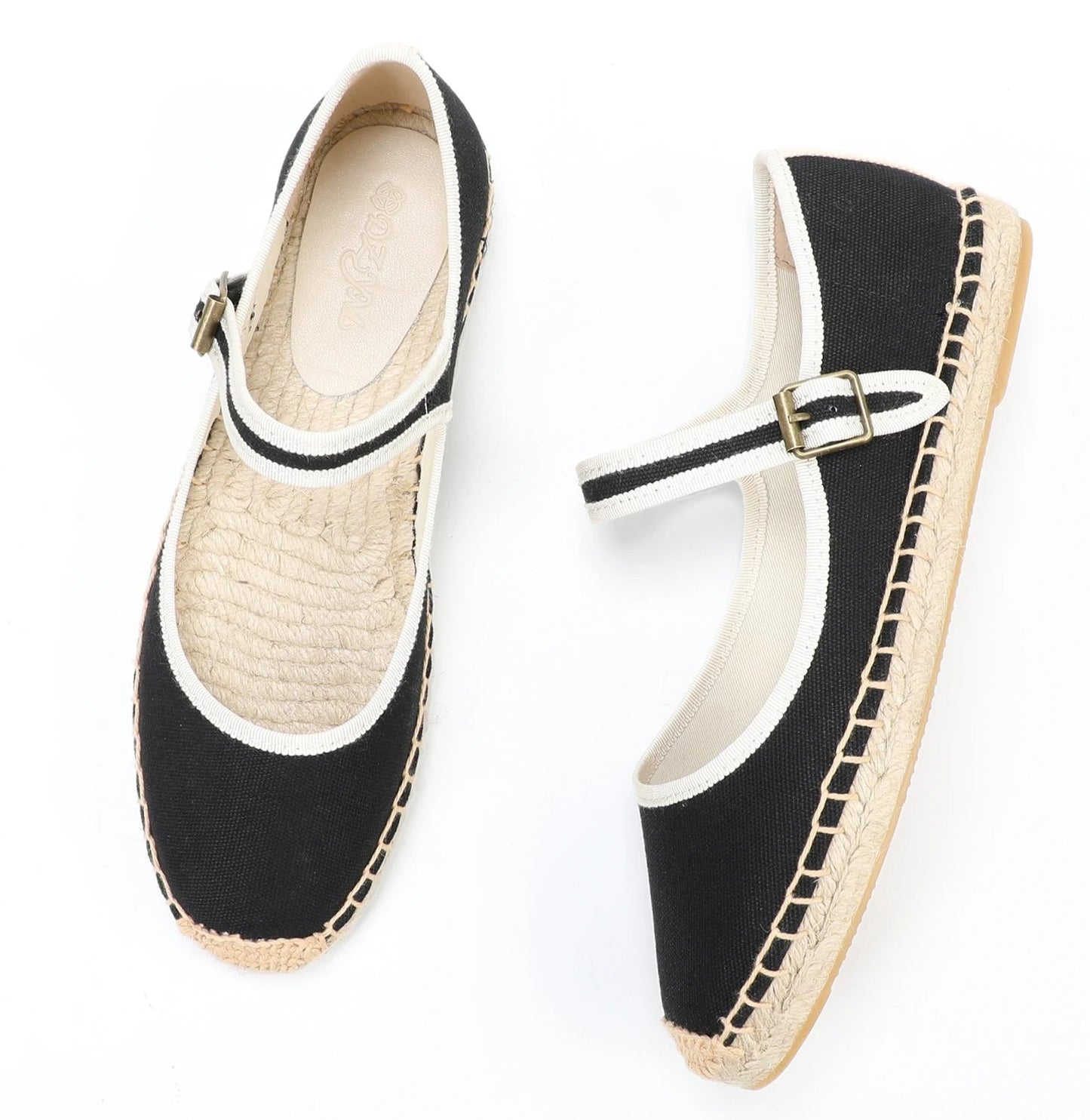 Espadrilles Mary Jane black canvas shoes with woven jute sole and buckle strap | SuzzaneMarket