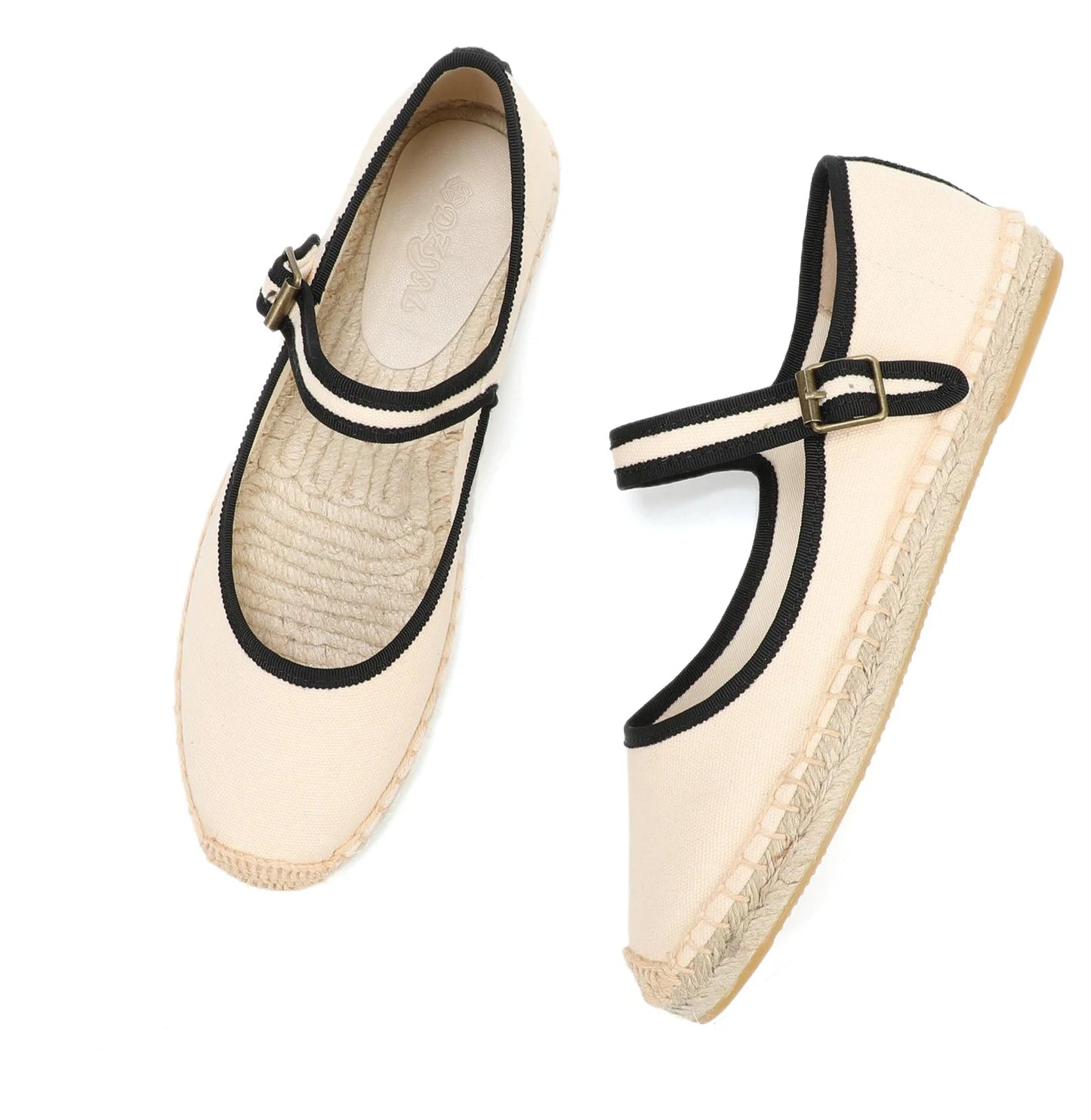 Espadrilles Mary Jane in beige with black trim, featuring canvas upper and woven jute sole. Available at SuzzaneMarket.