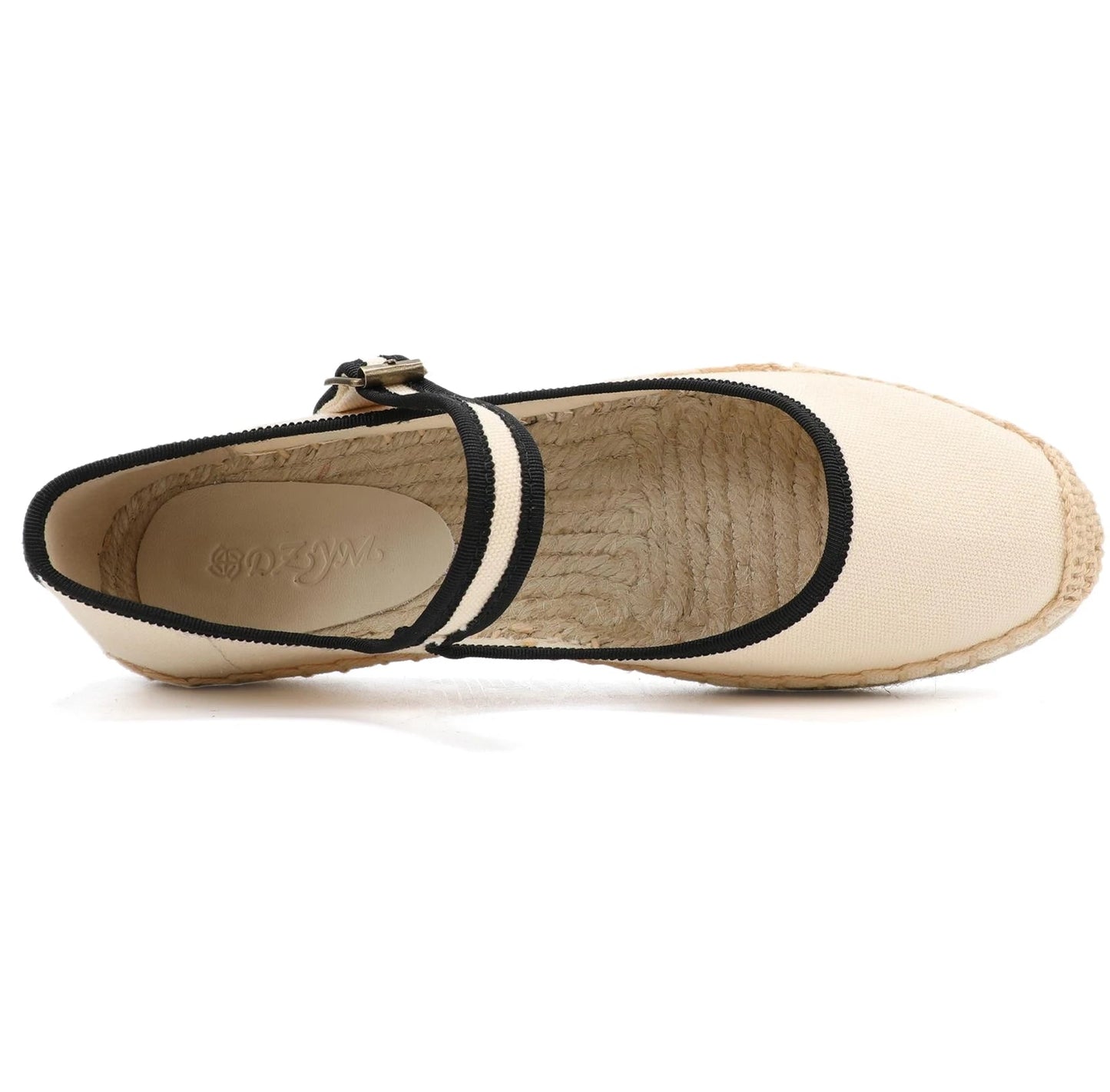 Espadrilles Mary Jane in beige with black strap, featuring canvas upper and woven jute sole | SuzzaneMarket