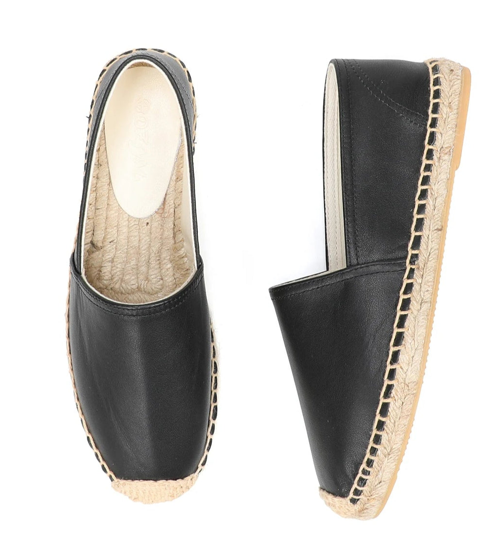 Espadrilles Cuir noires en cuir lisse, semelle en chanvre tressé et caoutchouc | SuzzaneMarket