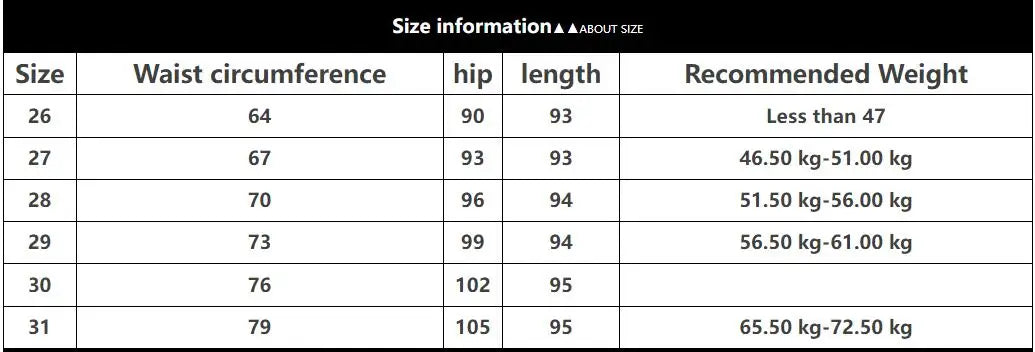 Size chart for jeans showing waist, hip, length, and recommended weight for sizes 26 to 31 | SuzzaneMarket.