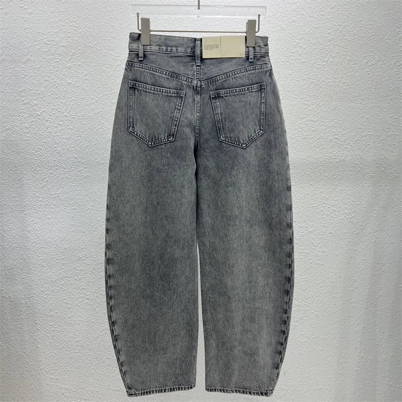 Back view of large banana cut denim jeans in gray, featuring wide legs and high waist design | SuzzaneMarket