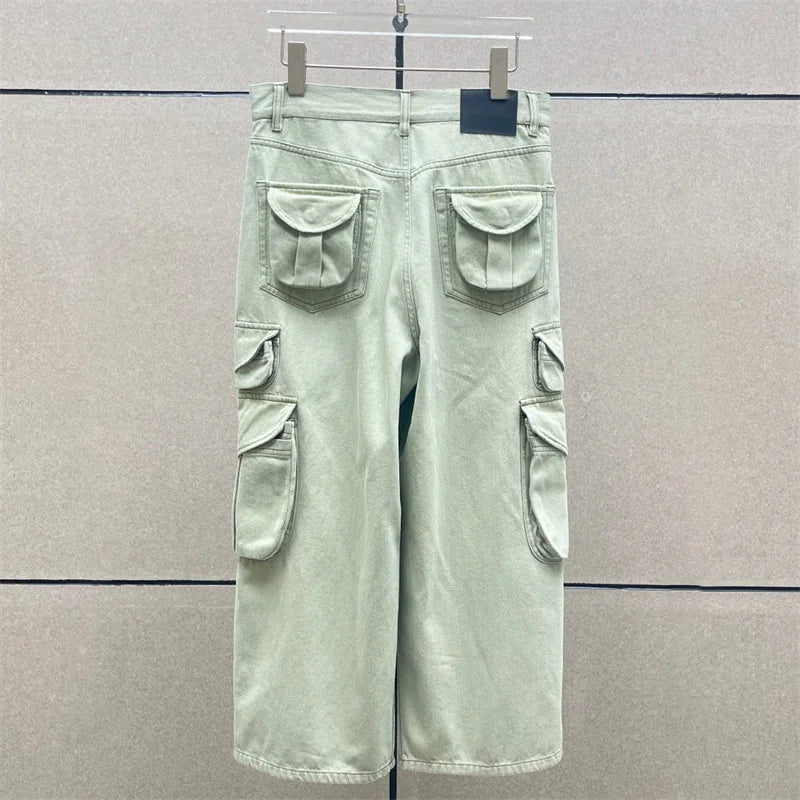 Beige cargo baggy jeans with wide legs and multiple pockets, back view | SuzzaneMarket