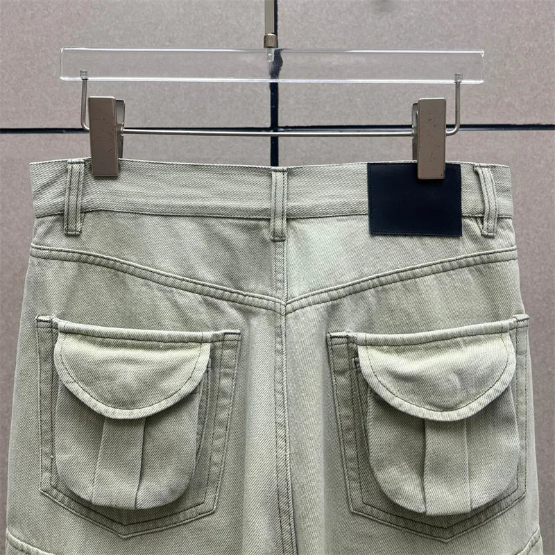 Back view of beige baggy jeans with large pockets and high waist design | SuzzaneMarket