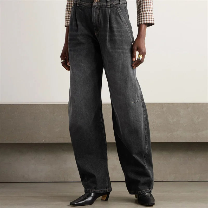 Wide-leg high-waisted denim jeans in dark wash, showcasing banana cut design | SuzzaneMarket