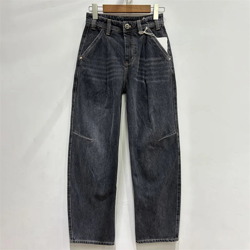 Large Banana Jeans - SILIE, high-waisted, wide legs, cotton denim, unique knee stitching, available in multiple sizes | SuzzaneMarket