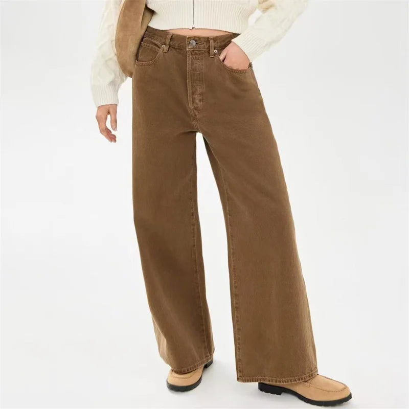 Model wearing camel high-waisted wide-leg Y2K jeans, styled with a cozy sweater |SuzzaneMarket