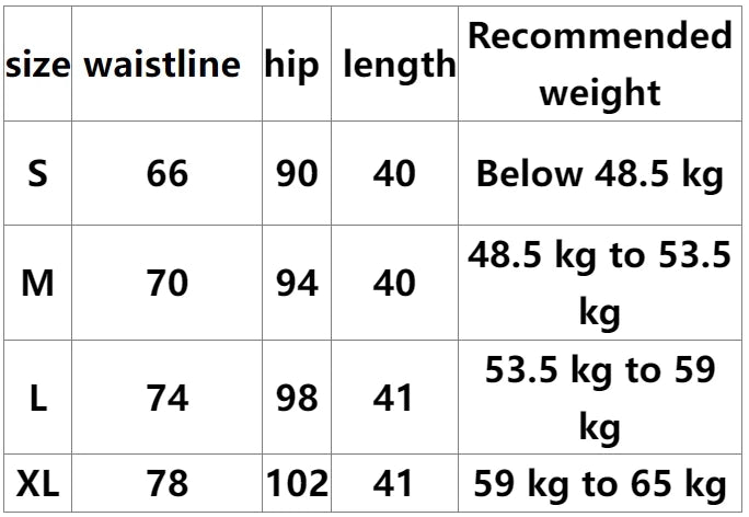 Size chart for Courte Denim Imprimé PIKI, showing waist, hip, length, and recommended weight | SuzzaneMarket