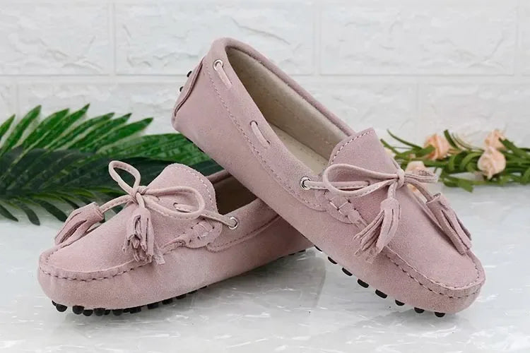 Loafers Cuir Suède BETH1 en rose avec pompons, semelle picots, confort textile | SuzzaneMarket