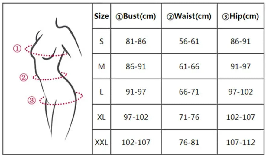 Size chart for women's clothing with measurements for bust, waist, and hip in centimeters.