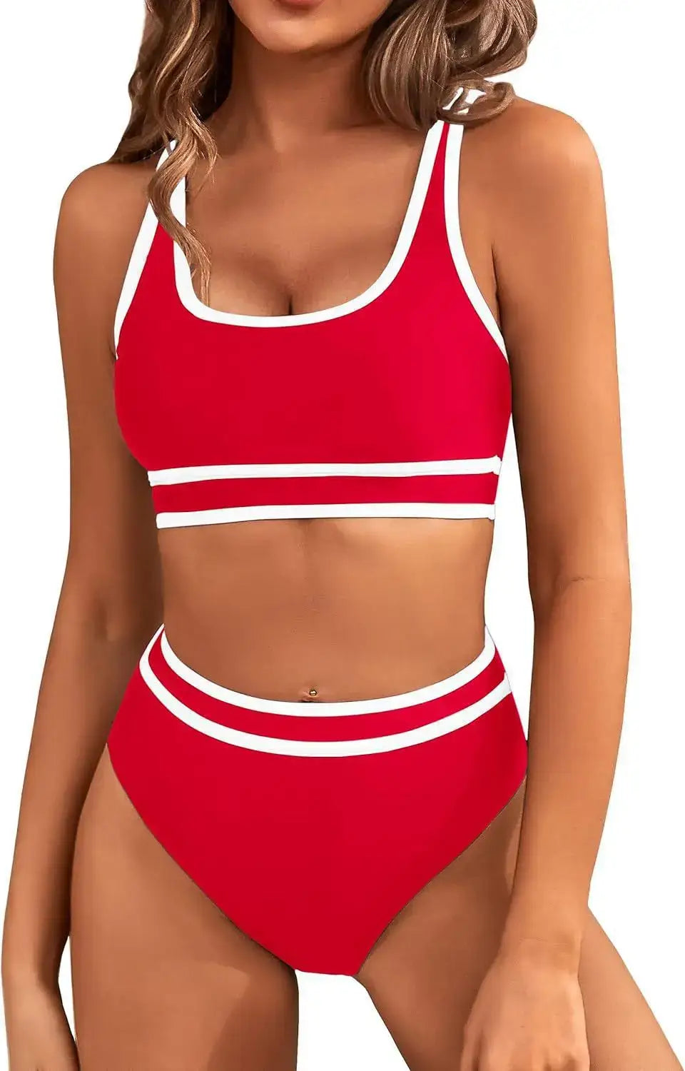 Maillot 2 pièces sport rouge avec culotte taille haute et haut à larges bandes | SuzzaneMarket
