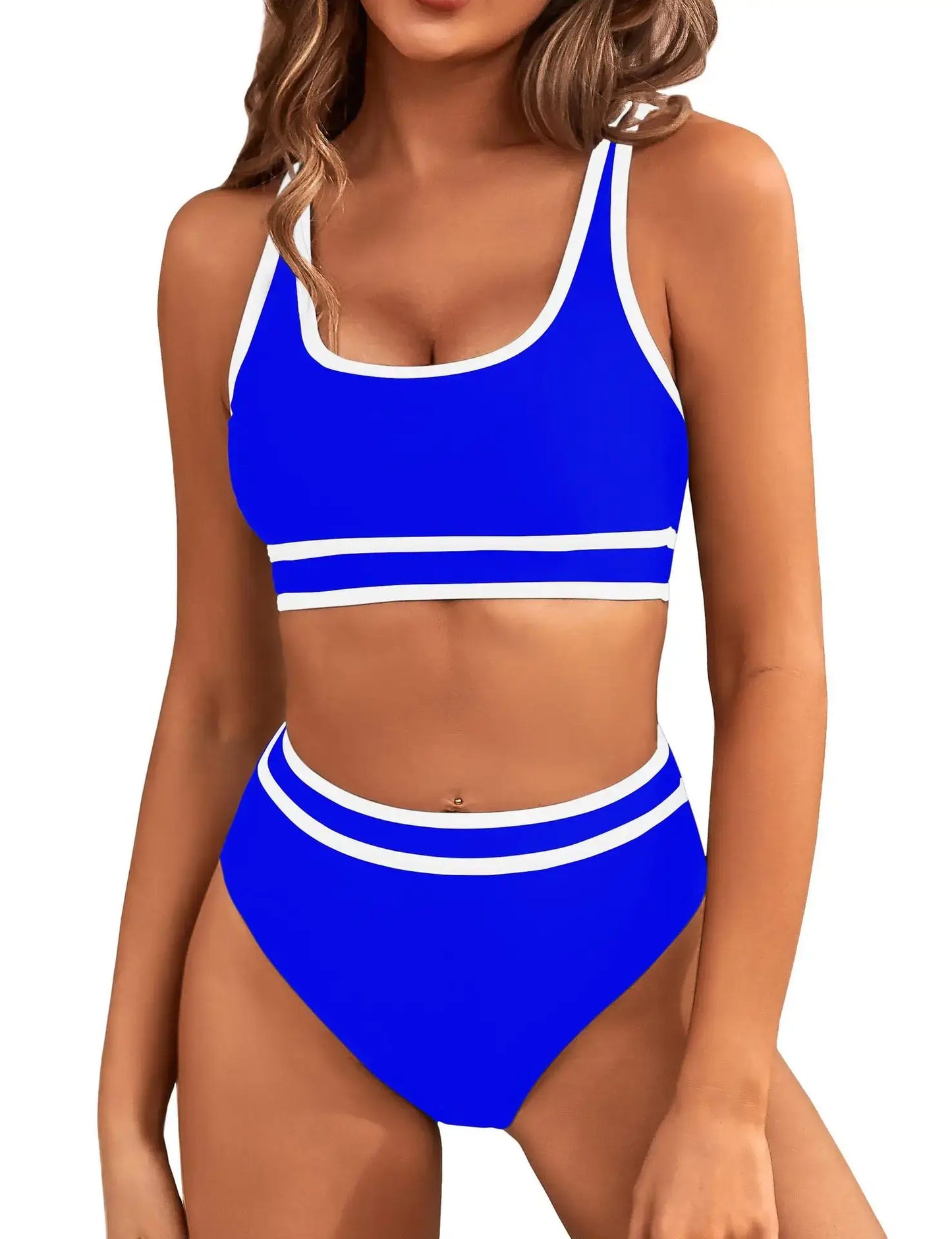 Maillot 2 pièces sport bleu avec culotte taille haute et haut à larges bretelles | SuzzaneMarket