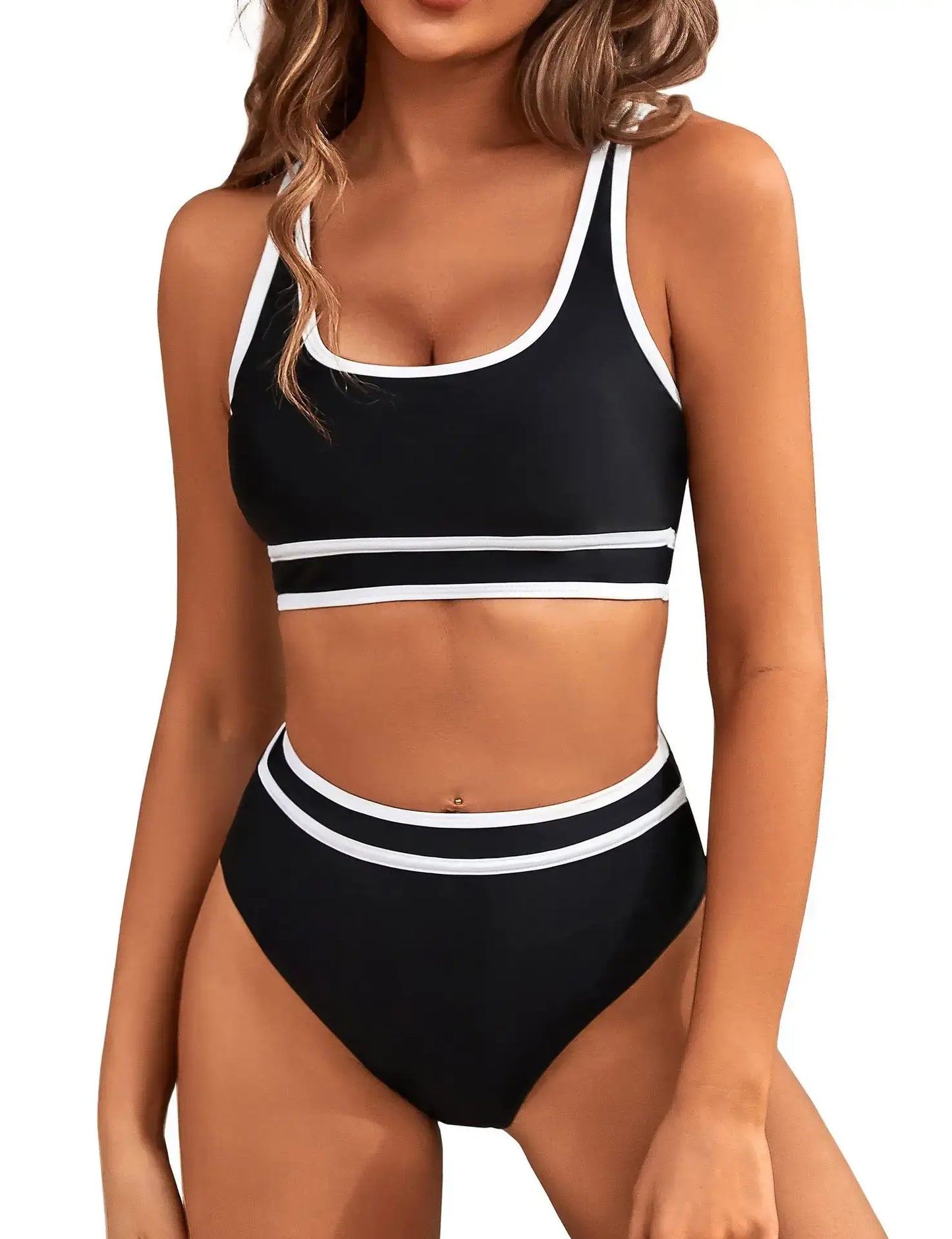 Maillot 2 pièces sport noir avec culotte taille haute et haut à larges bandes | SuzzaneMarket