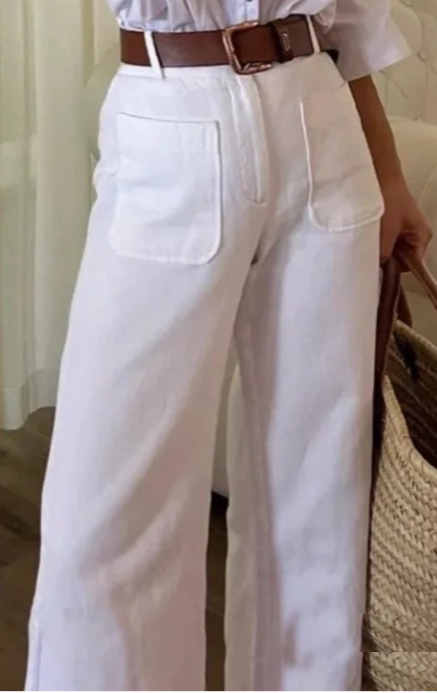 Pantalon Lin Classique blanc droit avec poches et ceinture, coupe straight | SuzzaneMarket