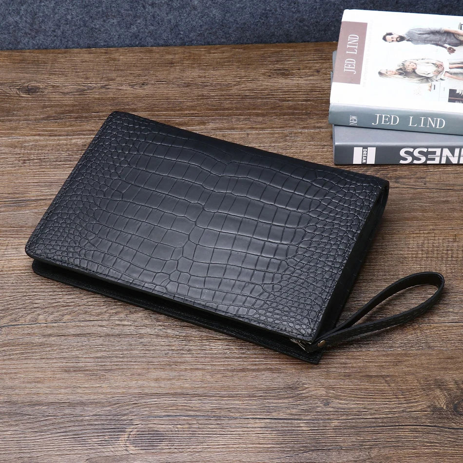 Pochette Dundee en Cuir Véritable Noire Détails à Plat