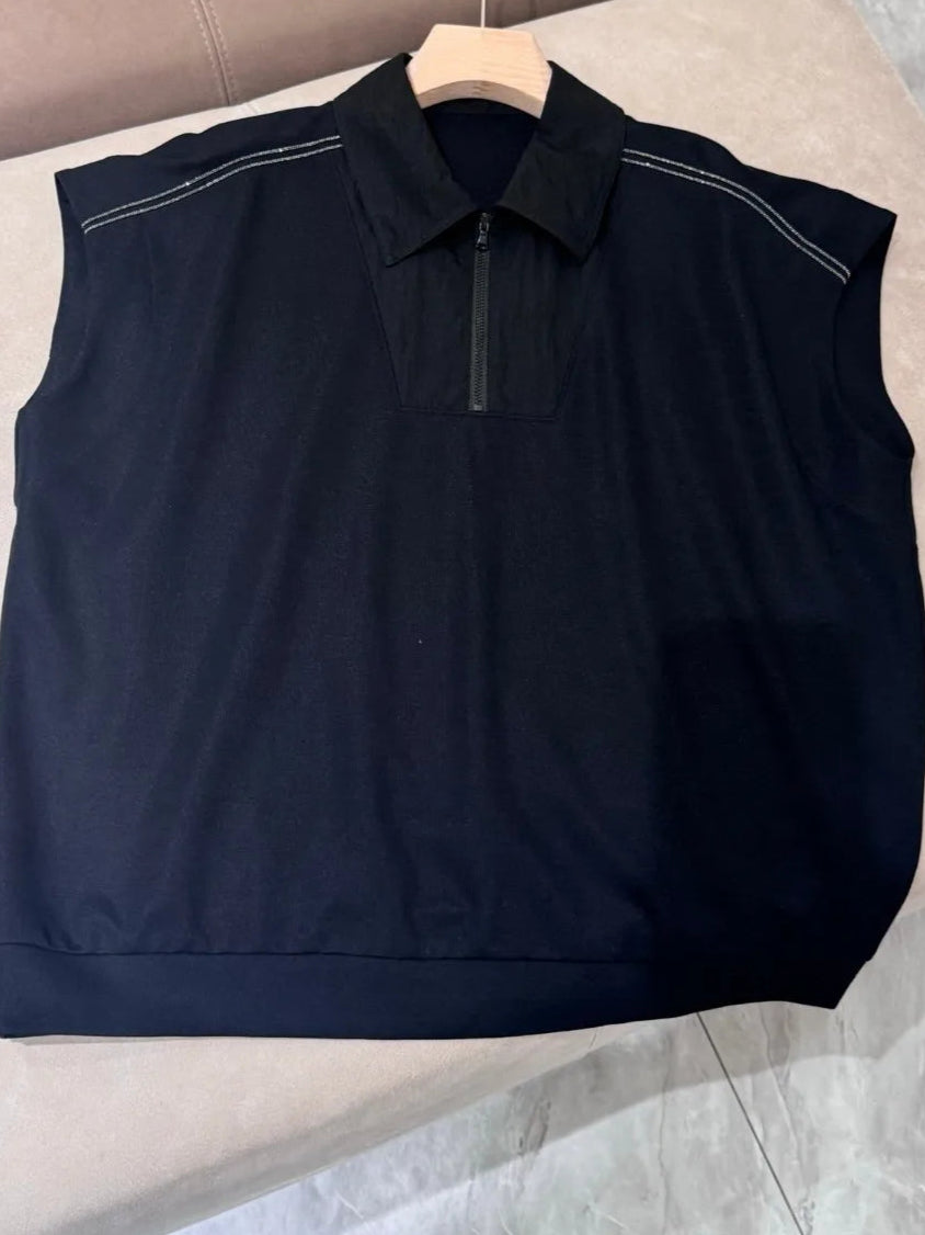Polo Jersey Fin sans manches en coton noir avec zip et col contrasté | SuzzaneMarket