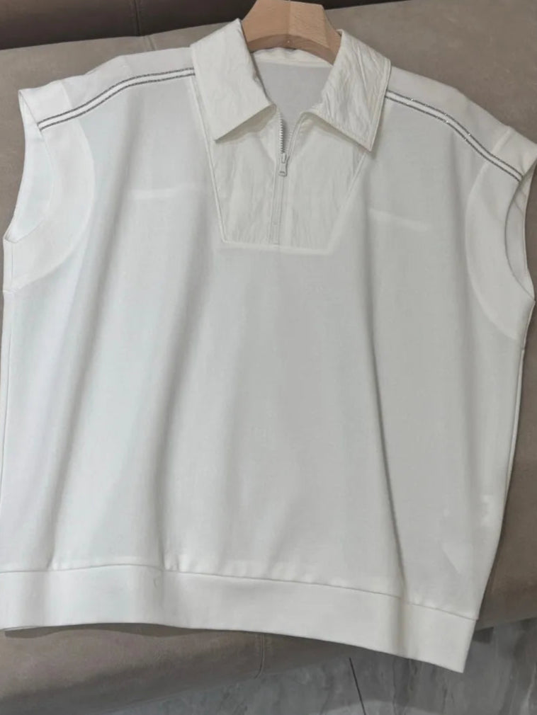 Polo Jersey Fin sans manches en coton, large coupe droite, col contrasté et fermeture zipper |SuzzaneMarket