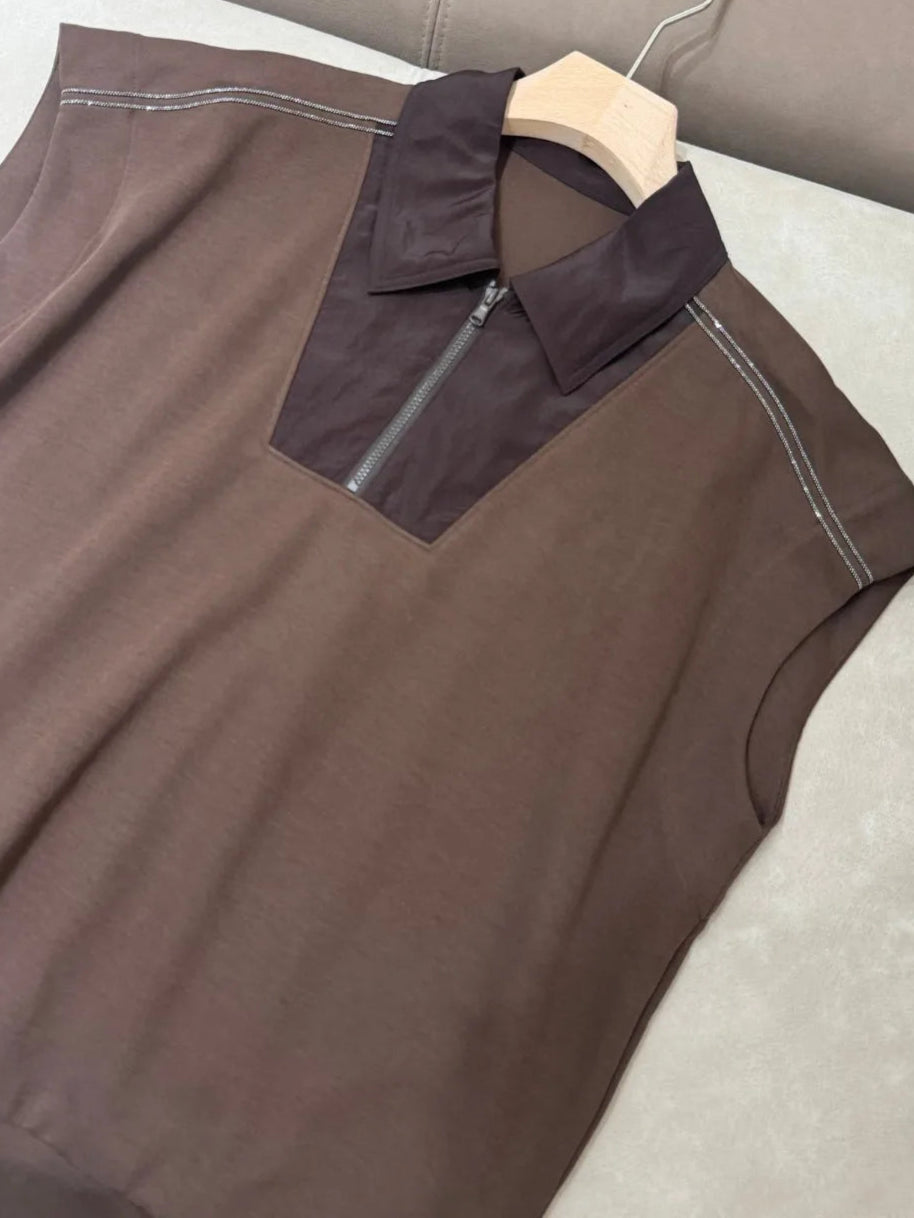 Polo Jersey Fin en coton sans manche, large coupe, col contraste, fermeture zip. Disponible en 4 couleurs |SuzzaneMarket