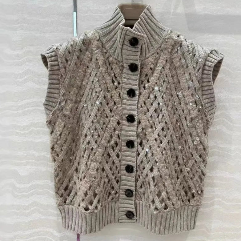 Gilet tricot cachemire avec sequins, col montant et boutons | SuzzaneMarket