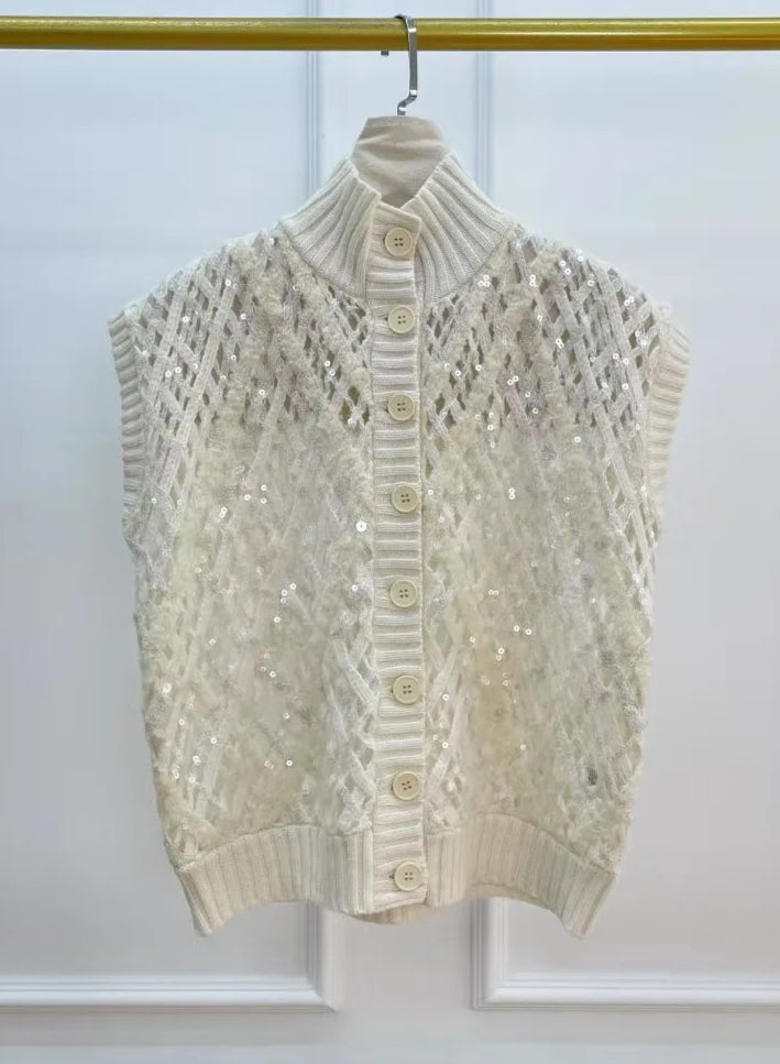 Gilet tricot cachemire brodé de sequins avec col montant, boutons élégants, style coréen | SuzzaneMarket