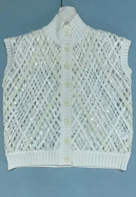 Gilet tricot cachemire brodé de sequins, aspect pailleté, ouvert, styles coréens. |SuzzaneMarket