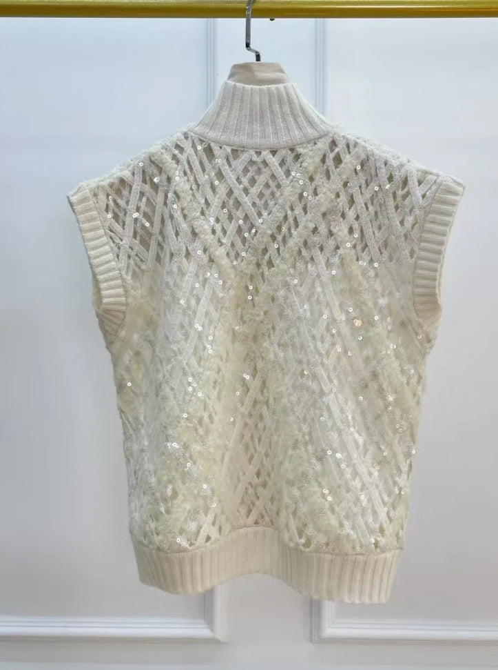 Gilet tricot cachemire brodé de sequins, avec col montant et ouverture large, style coréen |SuzzaneMarket