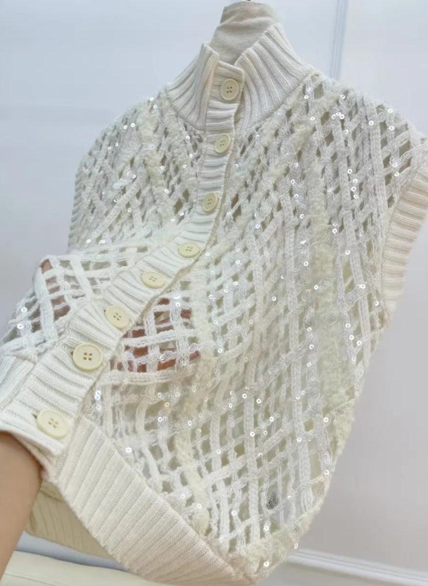 Gilet tricot cachemire brodé de sequins, look coréen, ouverture large, boutons clairs |SuzzaneMarket