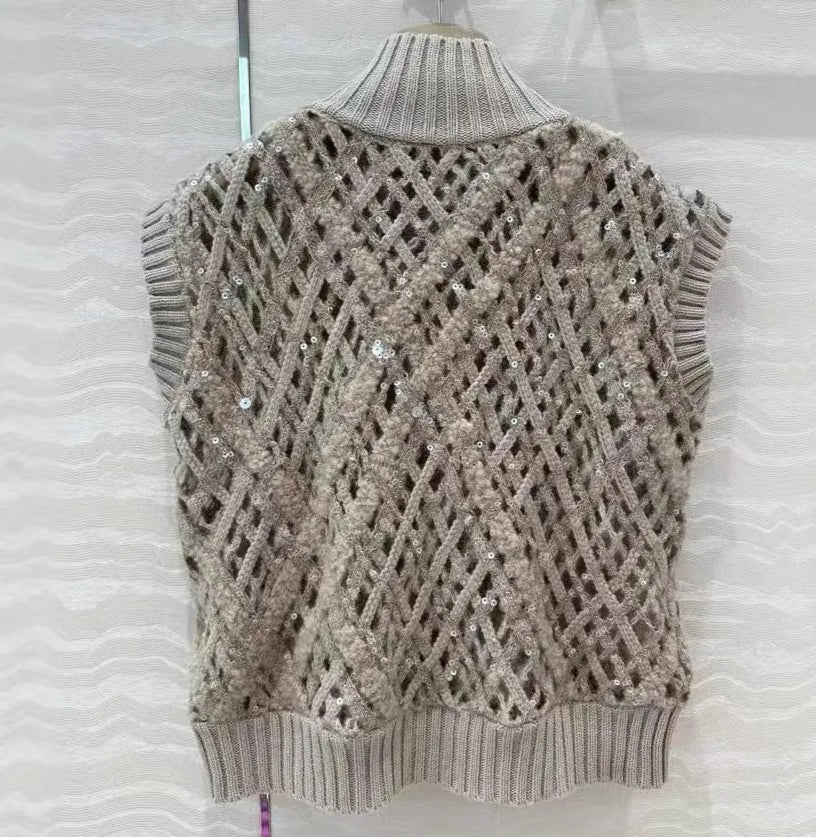 Gilet tricot cachemire beige avec sequins, ouvert sur les côtés, style coréen, qualité luxe | SuzzaneMarket