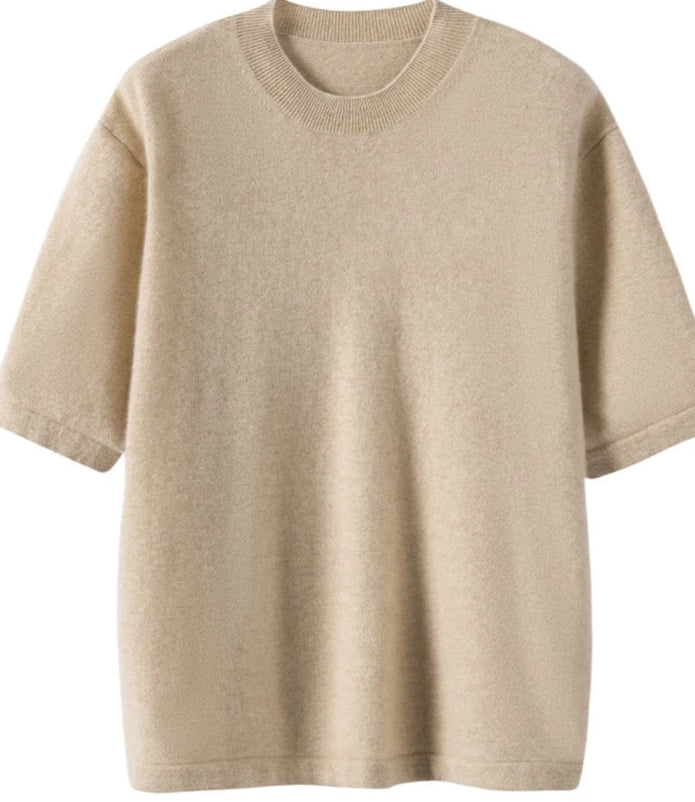 Pull cachemire beige printemps, manches courtes, col rond, coupe loose, ultra doux et confortable | SuzzaneMarket