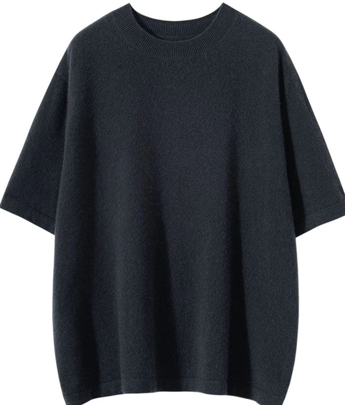 Pull cachemire noir de printemps, coupe loose, manches courtes, col rond, ultra doux |SuzzaneMarket