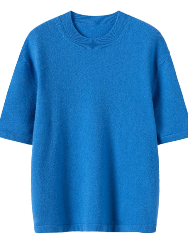 Pull cachemire printemps bleu, manches courtes, col rond, coupe loose | SuzzaneMarket